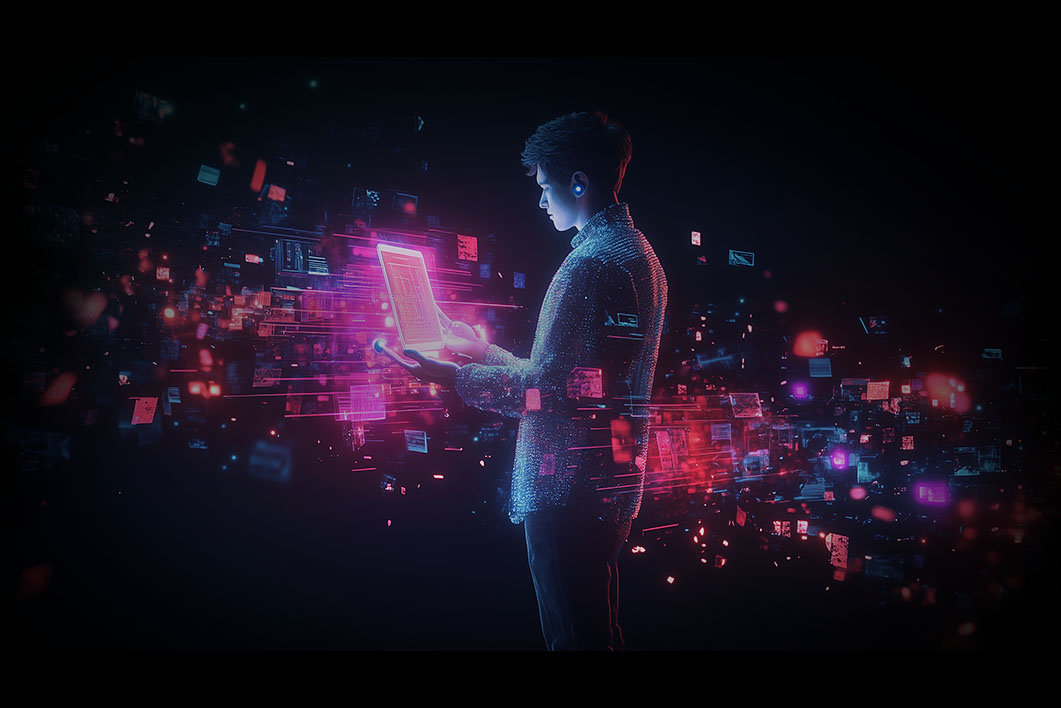 A person interacting with a luminous digital interface